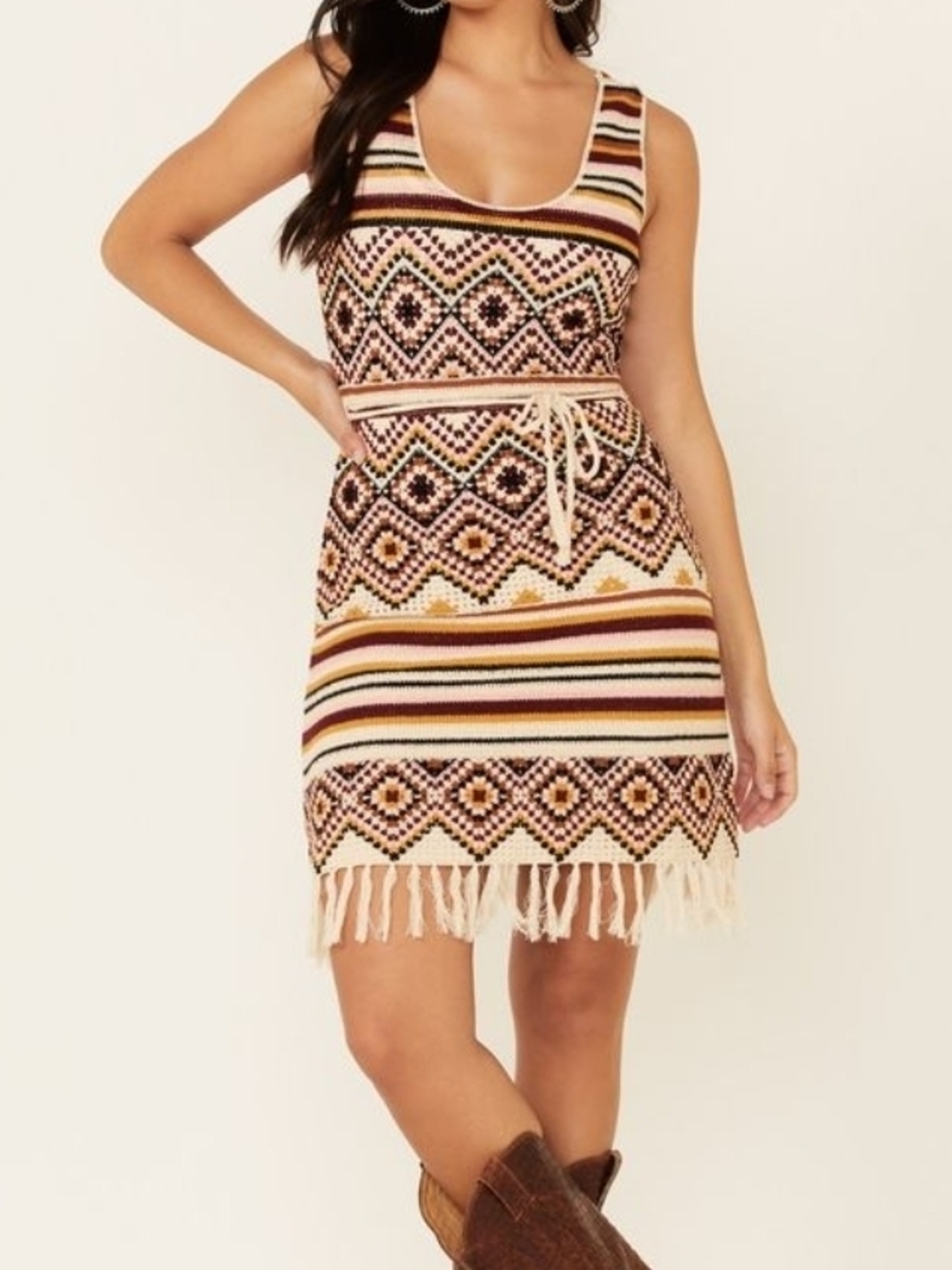 Idyllwind Cream Multi-Stripe Knit Fringe Mini Dress XXL (7869)